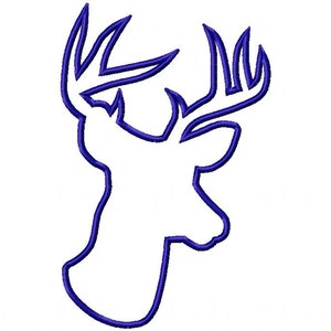May include: A blue outline of a deer head with antlers. The deer head is facing to the right.