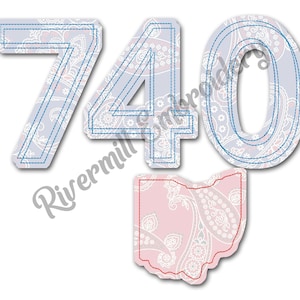 May include: A digital embroidery design featuring the numbers 740 and the outline of the state of Ohio. The design is in a paisley pattern with blue and red stitching.