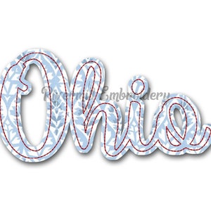 Może przedstawiać: Wzór haftu z napisem "Ohio" w niebiesko-białym wzorze z czerwonym obramowaniem.