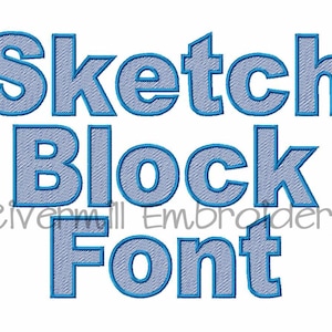 May include: Blue and white denim-style embroidery font that says "Sketch Block Font".