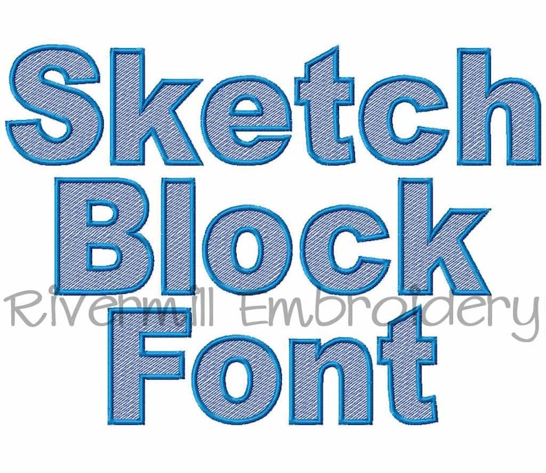 May include: Blue and white denim-style embroidery font that says "Sketch Block Font".