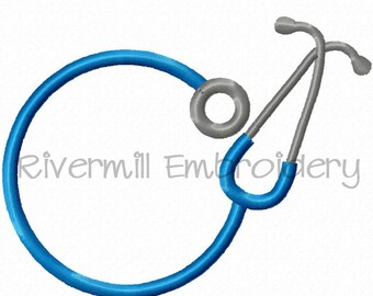 May include: Blue and grey embroidered design of a stethoscope with a circle around it. The text "Rivermill Embroidery" is below the design.