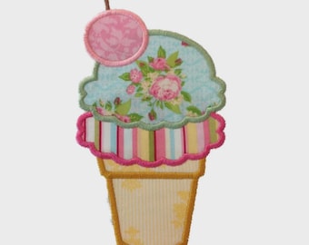 Applique Double Scoop Ice Cream Cone With A Cherry Machine Embroidery Design - 4 Sizes