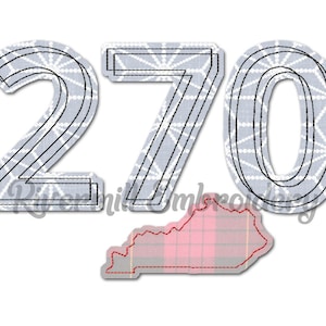 May include: Embroidered design featuring the numbers 270 in a gray and black color scheme with a spiderweb pattern. The design also includes a red and white plaid outline of the state of Kentucky.