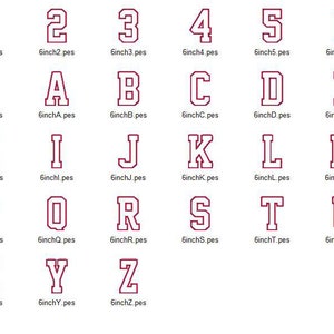 Puede incluir: Un conjunto de 26 letras may&uacute;sculas en una fuente de estilo universitario. Las letras est&aacute;n delineadas en granate y rellenas de blanco. Cada letra est&aacute; etiquetada con su nombre de archivo correspondiente, por ejemplo, "6inchA.pes".