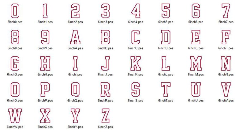 Puede incluir: Un conjunto de 26 letras may&uacute;sculas en una fuente de estilo universitario. Las letras est&aacute;n delineadas en granate y rellenas de blanco. Cada letra est&aacute; etiquetada con su nombre de archivo correspondiente, por ejemplo, "6inchA.pes".