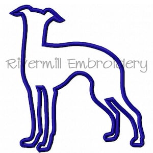 May include: A blue outline of a standing greyhound dog. The outline is thick and the dog is facing to the right.
