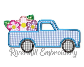 Applikation LKW mit Blumen Maschinenstickerei in 4 Größen zum sofortigen Download PES DST Stickdatei Maschinenstickerei
