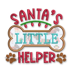 May include: Embroidered design of a dog bone with the text "Santa's Little Helper" in red and turquoise. The bone is decorated with a green garland of Christmas lights and a pattern of dogs wearing Christmas sweaters.