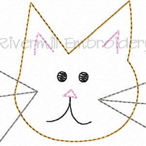 May include: A simple embroidered design of a cat's face with black eyes, a pink nose, and a black mouth. The cat's ears are pink and the outline of the face is gold.