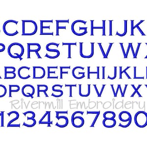 May include: A blue alphabet and number font set with a white outline. The font is uppercase and includes the letters A through Z and the numbers 1 through 9. The text "Rivermill Embroidery" is also included in the image.