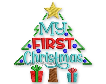 May include: Embroidered design of a Christmas tree with the text "My First Christmas" in colorful letters. The tree has a yellow star on top and two presents at the bottom.