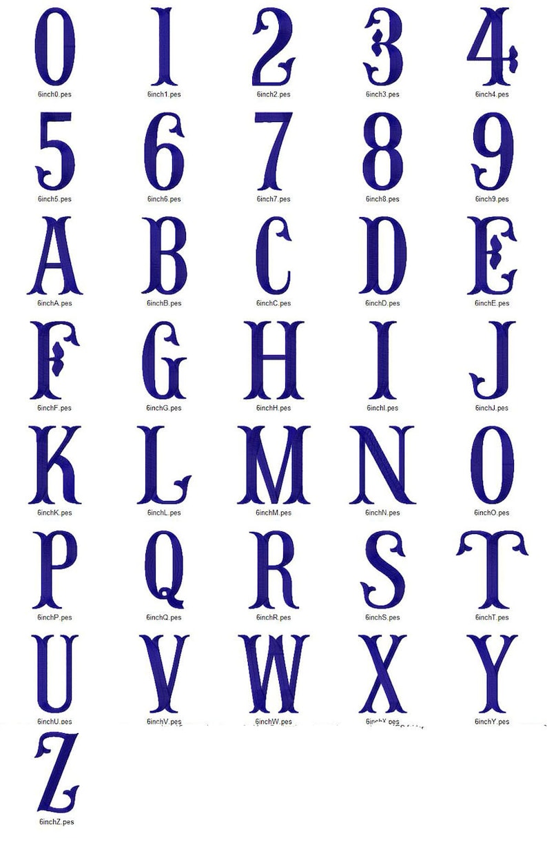 May include: A set of 26 uppercase letters in a decorative font, each letter is in a blue colour and outlined in black. The letters are arranged in alphabetical order and each letter is labelled with its corresponding file name.