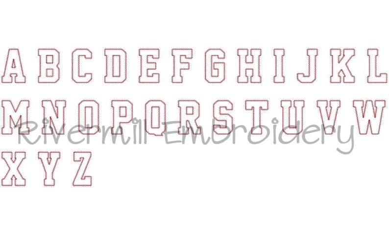 May include: A white alphabet in a bold, blocky font with a red outline. The letters are uppercase and are arranged in alphabetical order.