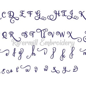 May include: A decorative alphabet font in a cursive style, with uppercase and lowercase letters. The font is in a dark blue color and is displayed on a white background. The text "Rivermill Embroidery" is also included in the image.