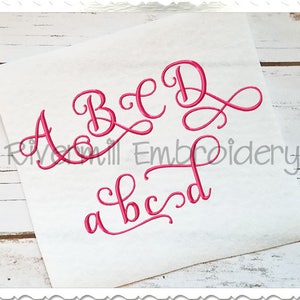 May include: Embroidery font design featuring the letters A, B, C, and D in both uppercase and lowercase. The letters are in a cursive script style with a pink color.