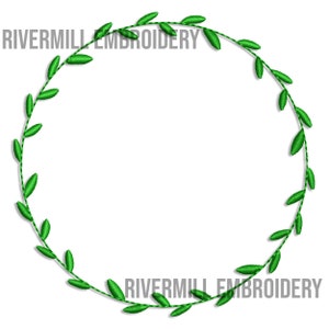May include: A green leafy wreath with the text "Rivermill Embroidery" on the top and bottom.