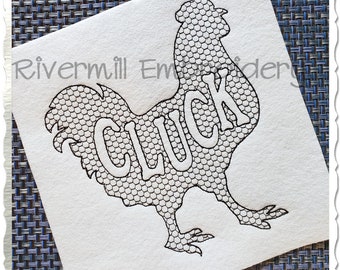 May include: Black and white embroidery design of a chicken with the word "CLUCK" inside the silhouette. The design is made up of small hexagons.