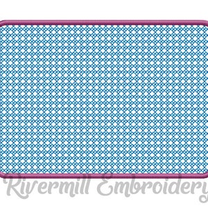 May include: A pink rectangular embroidery design with a blue and white checkered pattern inside.