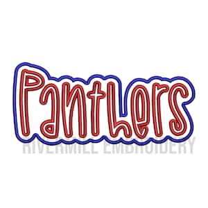 May include: Red and blue embroidered design of the word "Panthers" with a white background.