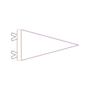May include: A blank pennant flag with a purple outline and a white interior. The flag has a triangular shape and is attached to a rectangular section with two black tabs. The pennant is designed on a white background.