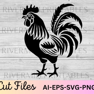 May include: Black and white silhouette of a rooster with a large, detailed comb and wattle. The rooster is facing left and has a long, flowing tail.