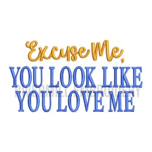 May include: White background with the text "Excuse Me" in gold script above the blue text "YOU LOOK LIKE YOU LOVE ME". The text is in a bold, clear font.