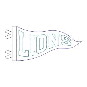 May include: A white pennant with the word "LIONS" in green outlined letters. The pennant has a blue border and is designed with a stitched effect. Two white tabs are on the left side.