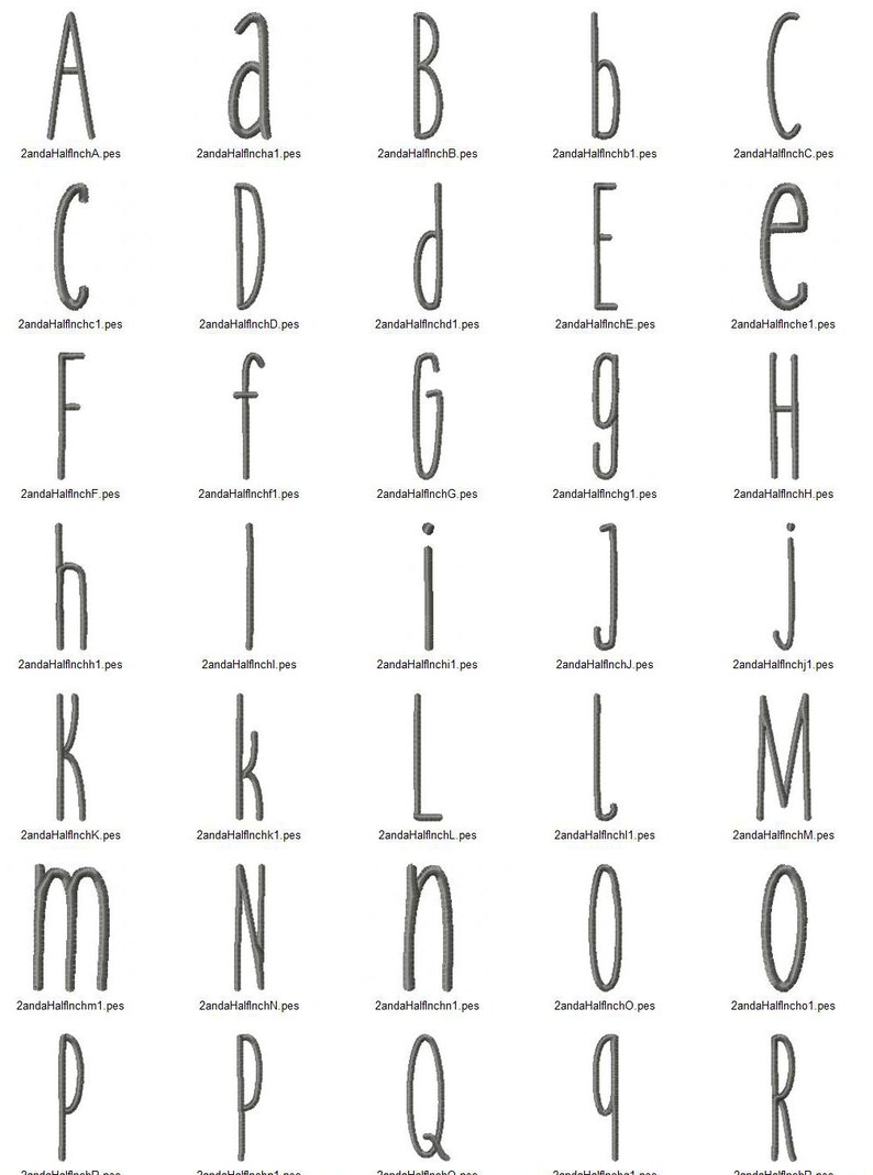 May include: A collection of embroidered letters in a handwritten style, including both uppercase and lowercase characters. Each letter is displayed individually, with the file name below each letter.