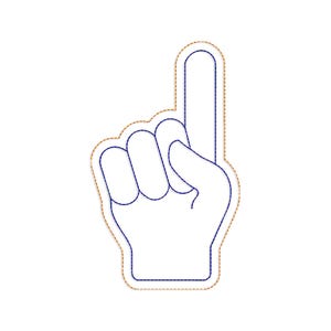 May include: White foam hand with the index finger pointing up, outlined in blue stitching with a tan border. The hand is a common symbol of support and celebration.