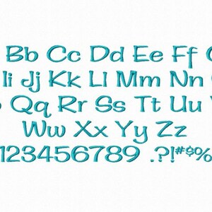 May include: A turquoise blue alphabet and number font with uppercase letters, lowercase letters, numbers 0-9, and punctuation marks. The font is a handwritten style.
