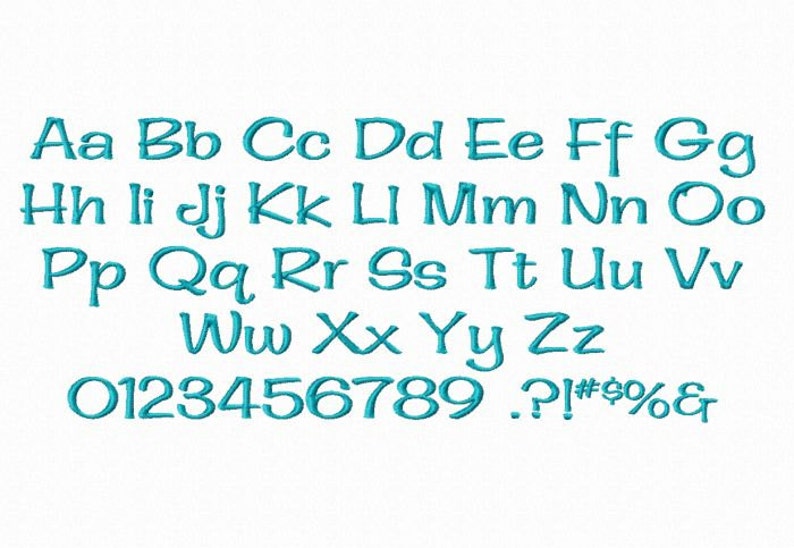 May include: A turquoise blue alphabet and number font with uppercase letters, lowercase letters, numbers 0-9, and punctuation marks. The font is a handwritten style.