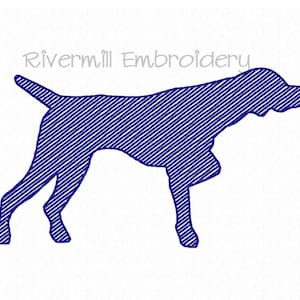 May include: A blue silhouette of a German Shorthaired Pointer dog standing in a hunting pose. The dog is outlined with a blue striped pattern.