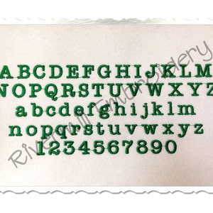 May include: Green embroidered alphabet and numbers on a white background. The letters are uppercase and lowercase, and the numbers are 1 through 9.