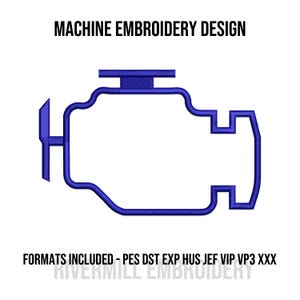 Pode incluir: Um design de bordado de máquina azul de um contorno de motor. O texto "MACHINE EMBROIDERY DESIGN" está no topo. O texto "FORMATS INCLUDED - PES DST EXP HUS JEF VIP VP3 XXX" está na parte inferior.