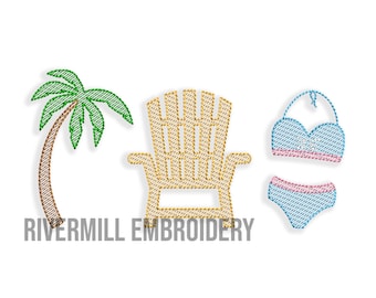 Palm Tree - Beach Chair - Bikini Sketch Trio Machine Embroidery Design