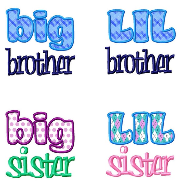 Paquete de 4 - Diseño de bordado a máquina con apliques de "Lil Big Brother & Sister" - 2 tamaños cada uno - Archivo de diseño de descarga digital instantánea