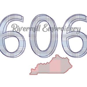 May include: Embroidered design of the number 606 with a plaid pattern in blue and white. The number is outlined in blue. Below the number is a red and white plaid outline of the state of Kentucky.