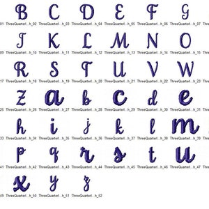 May include: A set of uppercase and lowercase letters in a cursive font, in shades of purple. The letters are arranged in alphabetical order.