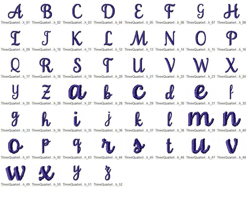 May include: A set of uppercase and lowercase letters in a cursive font, in shades of purple. The letters are arranged in alphabetical order.
