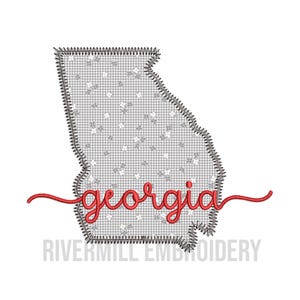 May include: An embroidered patch in the shape of the state of Georgia. The patch has a gray and white floral pattern, a red cursive "georgia" text, and a black stitched border. The text "RIVERMILL EMBROIDERY" is at the bottom.