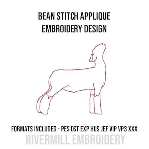 May include: An embroidery design featuring a stylized outline of a lamb in red stitching. The text "BEAN STITCH APPLIQUE EMBROIDERY DESIGN" is at the top. Below the lamb, the text reads "FORMATS INCLUDED - PES DST EXP HUS JEF VIP VP3 XXX".