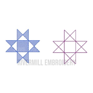 May include: Two embroidered star designs. The first star is blue and has a more intricate design. The second star is purple and has a simpler design. Both stars are outlined in black.