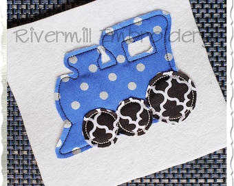 Disegno per ricamo a macchina con locomotiva a vapore in applique Raggy - 4 misure - Download immediato del file digitale PES DST Rivermill Embroidery