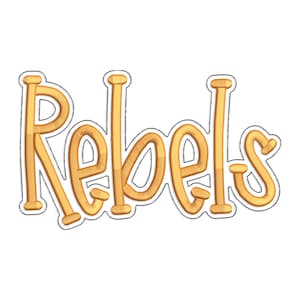May include: A gold-colored word art design that says "Rebels" in a playful, rounded font. The letters have a 3D effect with a black outline, set against a clean white background. This design is suitable for various applications.