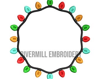 Christmas Lights Round Monogram or Initial Frame Machine Embroidery Design - 4 Sizes - Instant Download Digital File Rivermill Embroidery