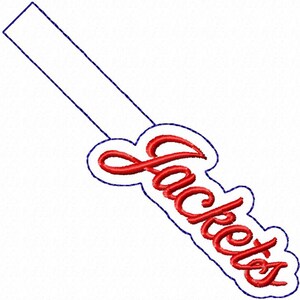 May include: A red and white baseball bat with the word "Jackets" written in a cursive font.