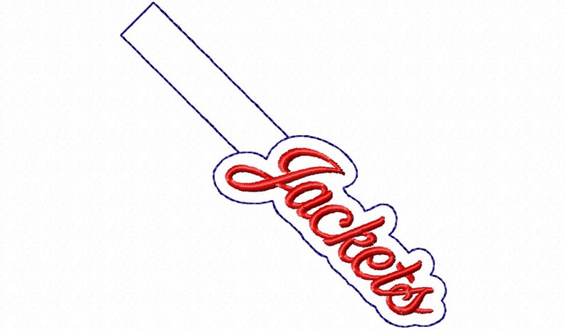 May include: A red and white baseball bat with the word "Jackets" written in a cursive font.