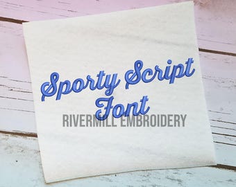 May include: A white fabric swatch with blue embroidered text that reads "Sporty Script Font" and "Rivermill Embroidery".