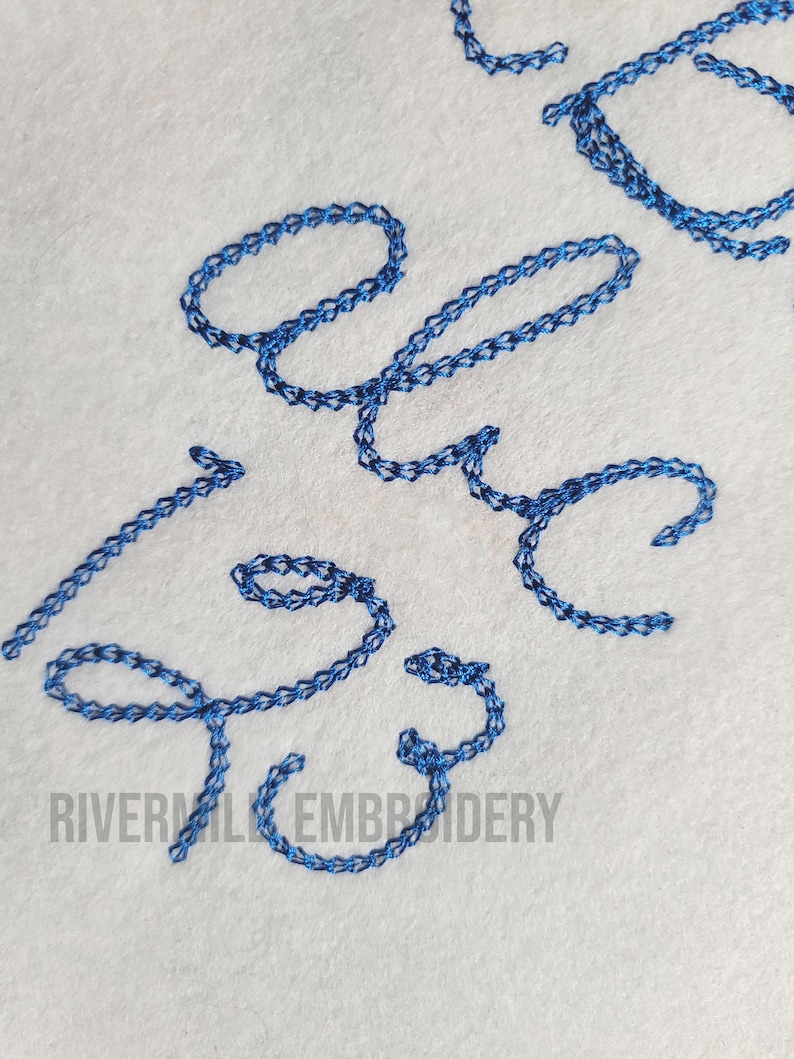 Pu&ograve; includere: Lettere ricamate blu su uno sfondo di tessuto bianco. Le lettere recitano "Love" in un carattere corsivo.